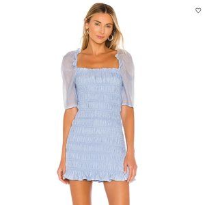 Revolve Majorelle Jex Dress - Sky Blue Rouche Mini w/ Puff Sleeves - Size Medium
